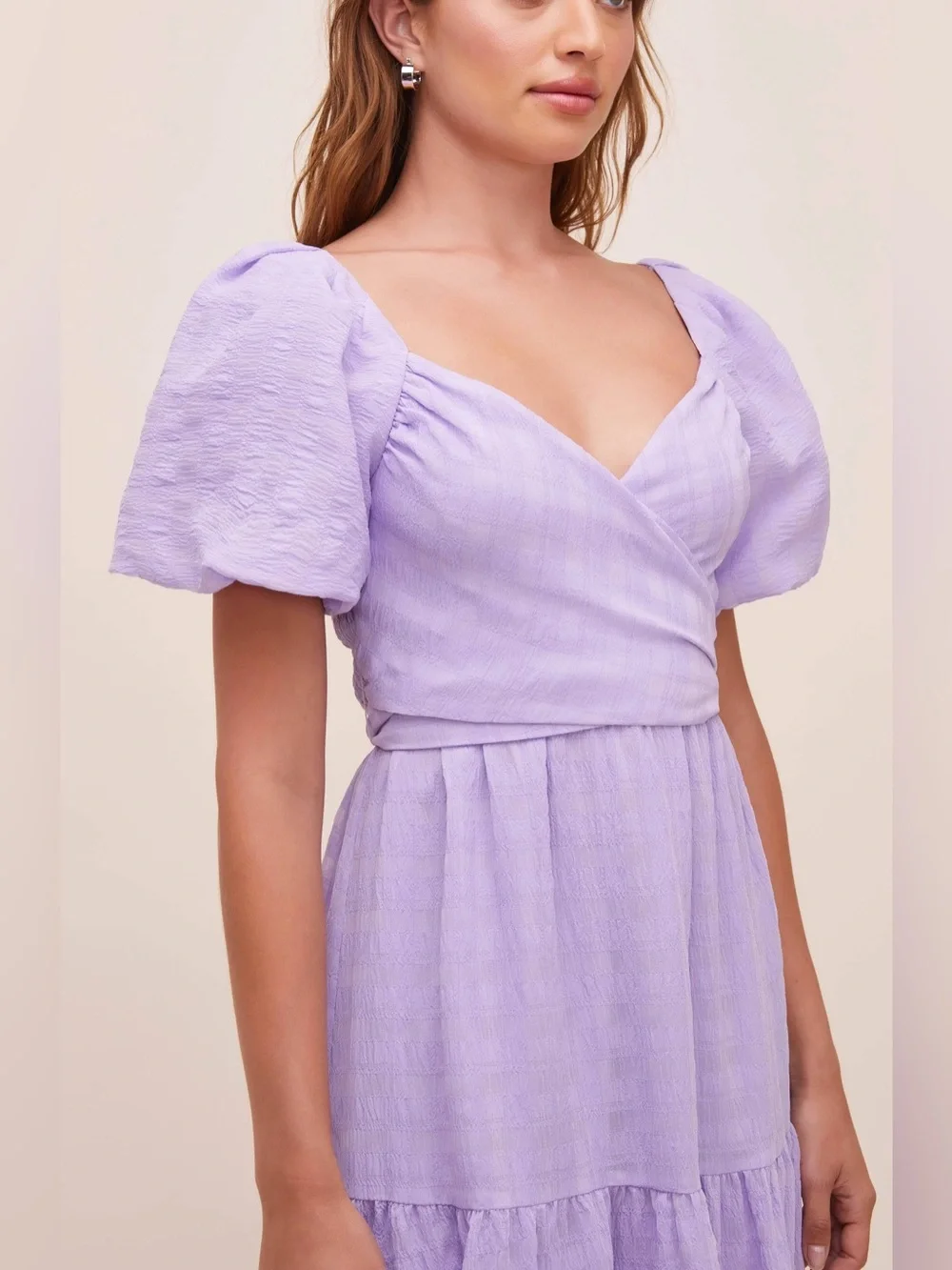 ASTR The Label Lavender Puff Sleeve Wrap Midi Dress Smocked Back XS Romantic